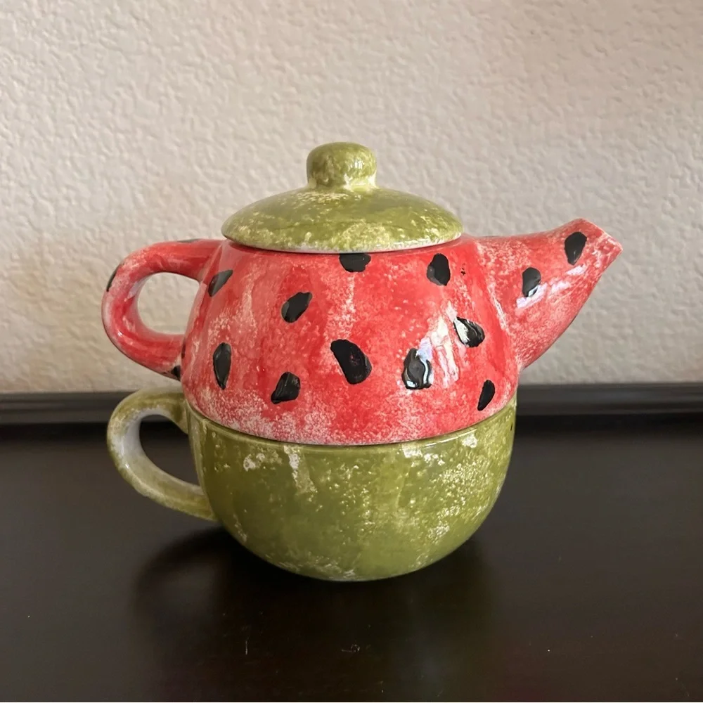Hand-Painted Watermelon Stackable Tea Set | Whimsical Teacup & Teapot | New